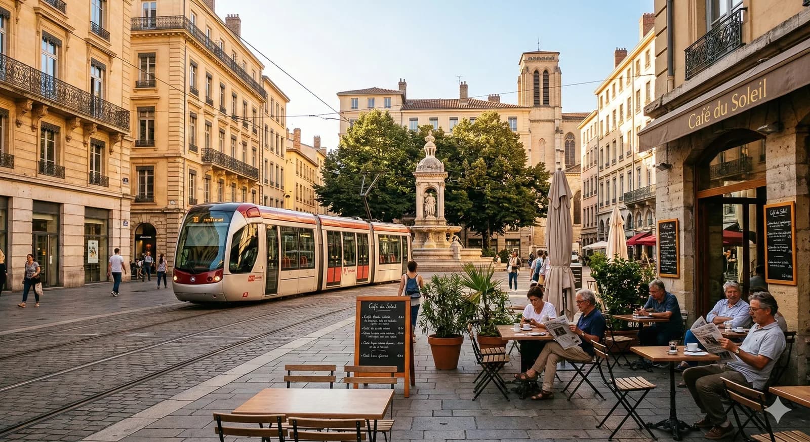 Tram passing through a sunlit square in a French city